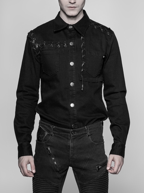 Metal Eyelets Lace-Up Long Sleeve Black Punk Coarse Bamboo Pure Cotton Shirt