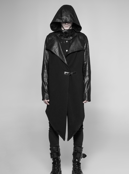 Stand-Up Collar Leather Hasp Long Sleeve Front Long Hem Black Punk Crack Knit Hooded Coat