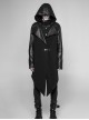 Stand-Up Collar Leather Hasp Long Sleeve Front Long Hem Black Punk Crack Knit Hooded Coat