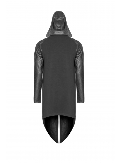 Stand-Up Collar Leather Hasp Long Sleeve Front Long Hem Black Punk Crack Knit Hooded Coat