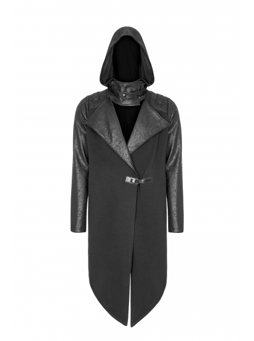 Stand-Up Collar Leather Hasp Long Sleeve Front Long Hem Black Punk Crack Knit Hooded Coat