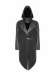 Stand-Up Collar Leather Hasp Long Sleeve Front Long Hem Black Punk Crack Knit Hooded Coat