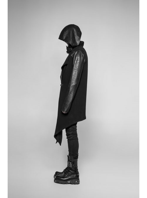Stand-Up Collar Leather Hasp Long Sleeve Front Long Hem Black Punk Crack Knit Hooded Coat