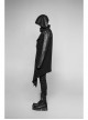 Stand-Up Collar Leather Hasp Long Sleeve Front Long Hem Black Punk Crack Knit Hooded Coat