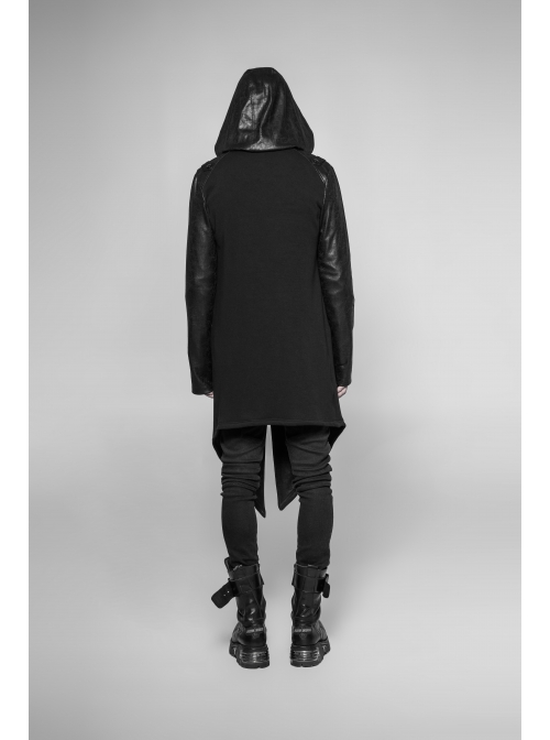 Stand-Up Collar Leather Hasp Long Sleeve Front Long Hem Black Punk Crack Knit Hooded Coat