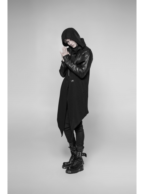 Stand-Up Collar Leather Hasp Long Sleeve Front Long Hem Black Punk Crack Knit Hooded Coat