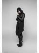 Stand-Up Collar Leather Hasp Long Sleeve Front Long Hem Black Punk Crack Knit Hooded Coat