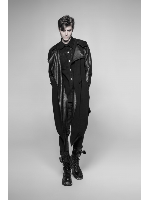 Stand-Up Collar Leather Hasp Long Sleeve Front Long Hem Black Punk Crack Knit Hooded Coat