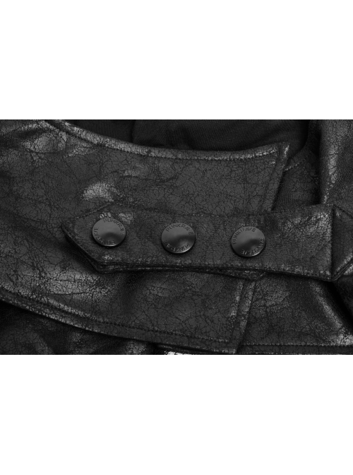 Stand-Up Collar Leather Hasp Long Sleeve Front Long Hem Black Punk Crack Knit Hooded Coat