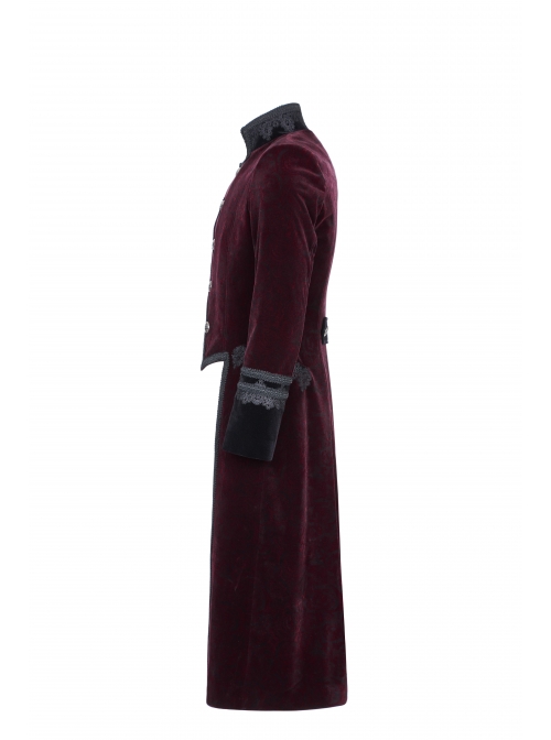 Stand-Up Collar Front Metal Button Irregular Swallow Tail Hem Wine Red Gothic Weft Velveteen Dress Coat