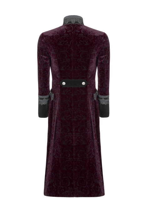 Stand-Up Collar Front Metal Button Irregular Swallow Tail Hem Wine Red Gothic Weft Velveteen Dress Coat