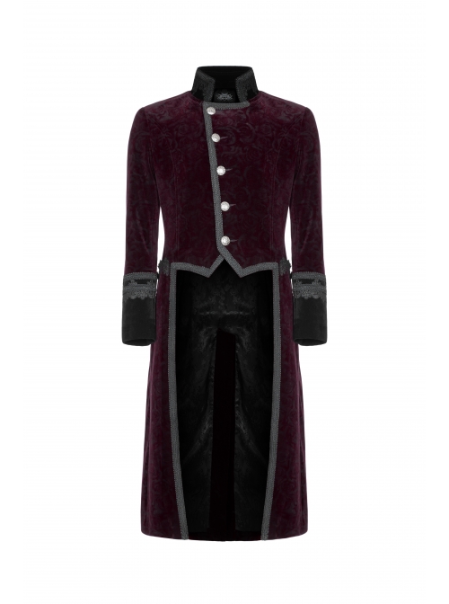 Stand-Up Collar Front Metal Button Irregular Swallow Tail Hem Wine Red Gothic Weft Velveteen Dress Coat