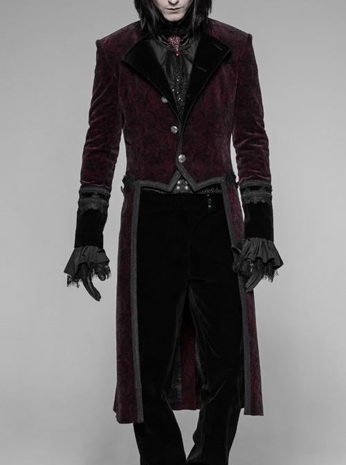 Stand-Up Collar Front Metal Button Irregular Swallow Tail Hem Wine Red Gothic Weft Velveteen Dress Coat