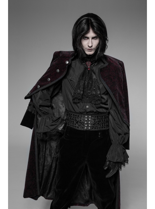 Stand-Up Collar Front Metal Button Irregular Swallow Tail Hem Wine Red Gothic Weft Velveteen Dress Coat