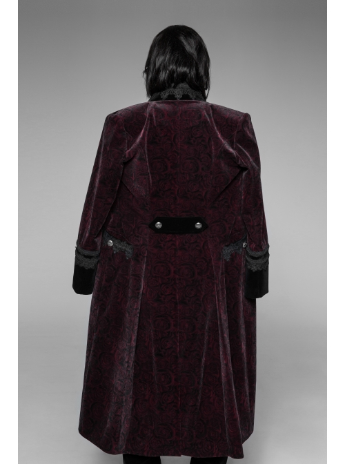 Stand-Up Collar Front Metal Button Irregular Swallow Tail Hem Wine Red Gothic Weft Velveteen Dress Coat