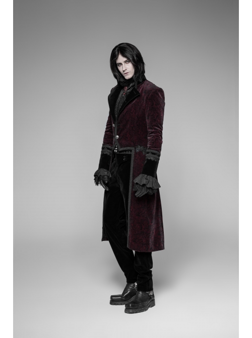 Stand-Up Collar Front Metal Button Irregular Swallow Tail Hem Wine Red Gothic Weft Velveteen Dress Coat