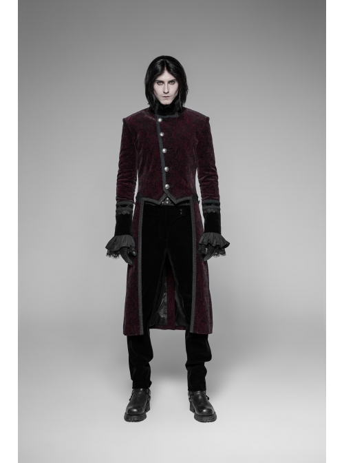 Stand-Up Collar Front Metal Button Irregular Swallow Tail Hem Wine Red Gothic Weft Velveteen Dress Coat