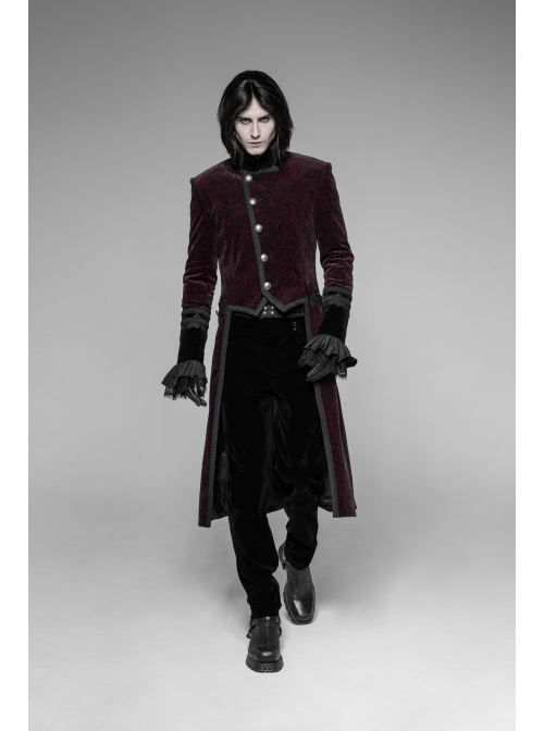 Stand-Up Collar Front Metal Button Irregular Swallow Tail Hem Wine Red Gothic Weft Velveteen Dress Coat