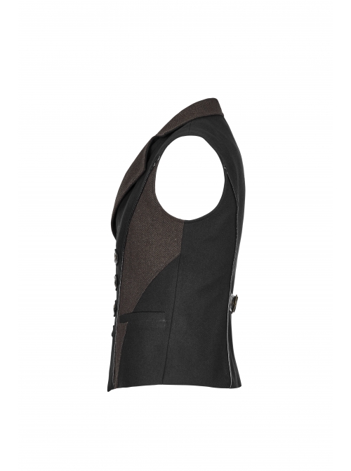 Front Double Row Snaps Buttons Back Waist Leather Hasp Splice Brown Twill Black Punk Vest