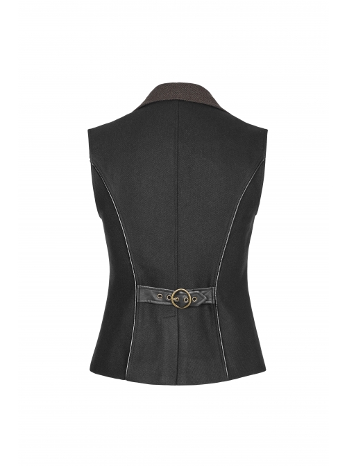 Front Double Row Snaps Buttons Back Waist Leather Hasp Splice Brown Twill Black Punk Vest
