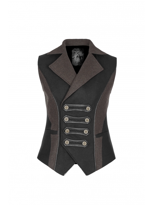Front Double Row Snaps Buttons Back Waist Leather Hasp Splice Brown Twill Black Punk Vest