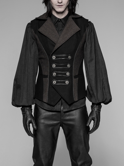 Front Double Row Snaps Buttons Back Waist Leather Hasp Splice Brown Twill Black Punk Vest