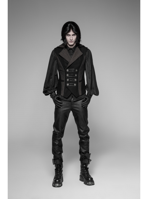 Front Double Row Snaps Buttons Back Waist Leather Hasp Splice Brown Twill Black Punk Vest