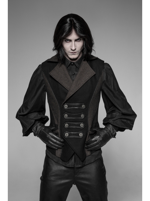 Front Double Row Snaps Buttons Back Waist Leather Hasp Splice Brown Twill Black Punk Vest