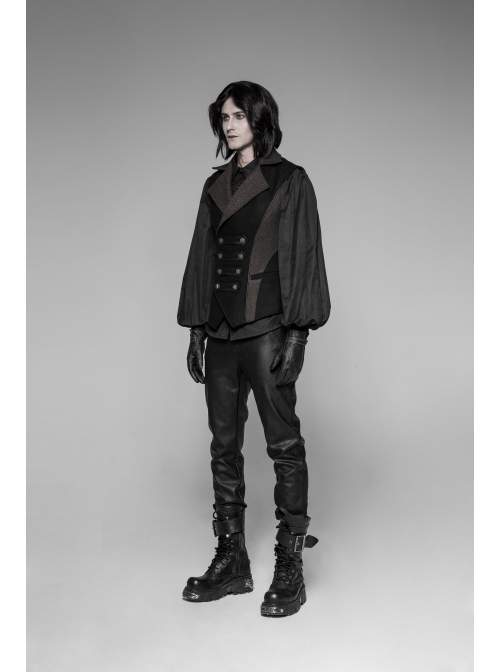 Front Double Row Snaps Buttons Back Waist Leather Hasp Splice Brown Twill Black Punk Vest