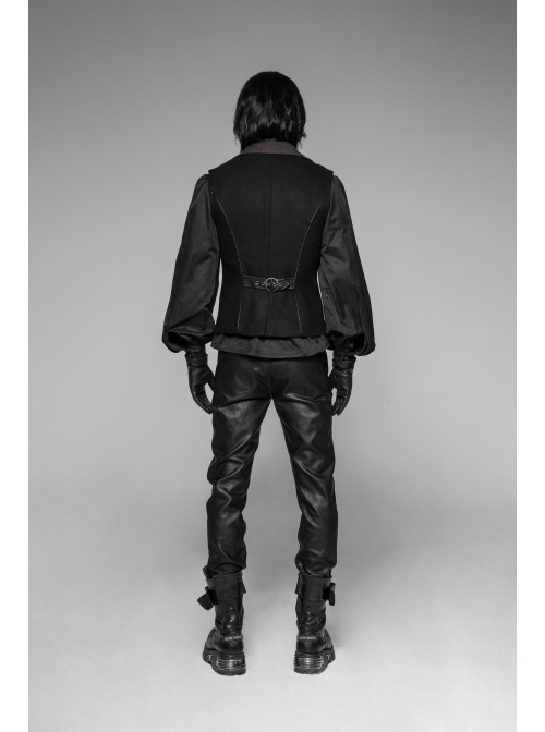 Front Double Row Snaps Buttons Back Waist Leather Hasp Splice Brown Twill Black Punk Vest