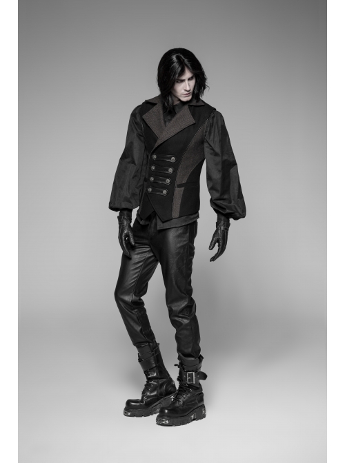 Front Double Row Snaps Buttons Back Waist Leather Hasp Splice Brown Twill Black Punk Vest
