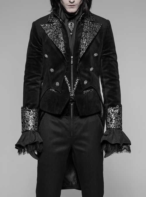 Front Chest Metal Button Long Sleeve Swallow Tail Hem Black Gothic Cashmere Coat