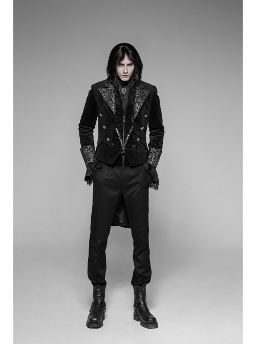 Front Chest Metal Button Long Sleeve Swallow Tail Hem Black Gothic Cashmere Coat