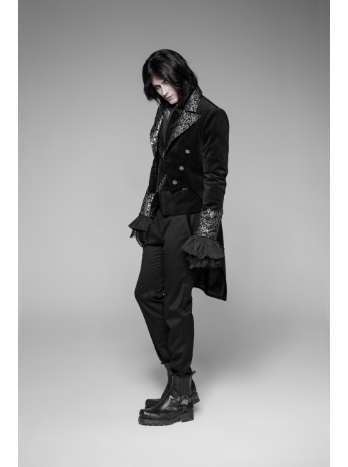 Front Chest Metal Button Long Sleeve Swallow Tail Hem Black Gothic Cashmere Coat