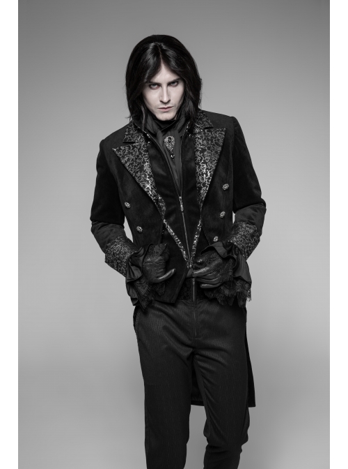 Front Chest Metal Button Long Sleeve Swallow Tail Hem Black Gothic Cashmere Coat