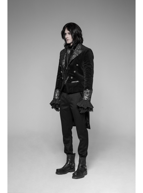 Front Chest Metal Button Long Sleeve Swallow Tail Hem Black Gothic Cashmere Coat