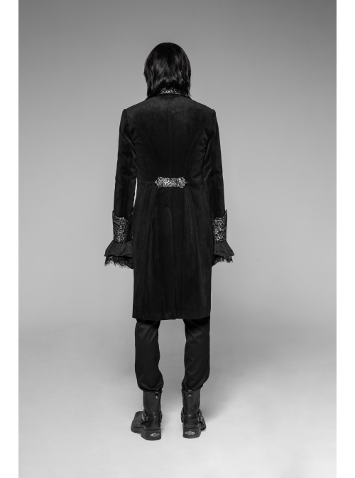 Front Chest Metal Button Long Sleeve Swallow Tail Hem Black Gothic Cashmere Coat
