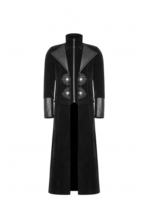 Stand-Up Collar Front Flower Buckle Decoration Black Punk Twill Weft Velveteen Jacket