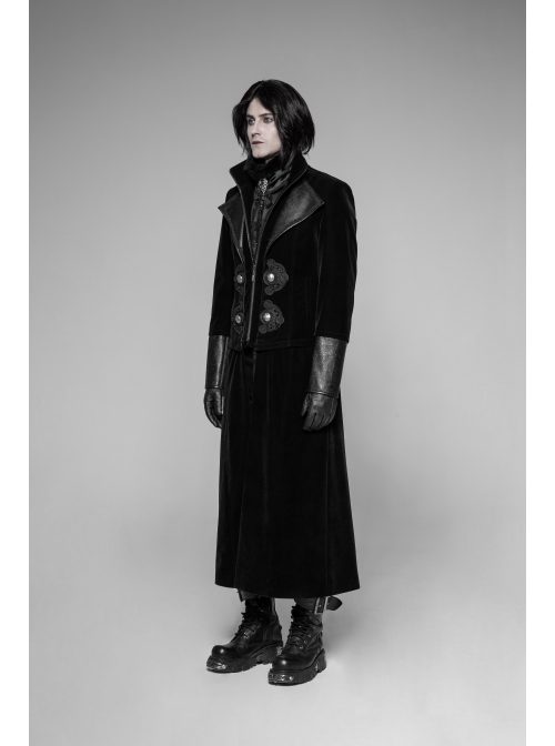 Stand-Up Collar Front Flower Buckle Decoration Black Punk Twill Weft Velveteen Jacket