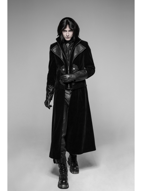 Stand-Up Collar Front Flower Buckle Decoration Black Punk Twill Weft Velveteen Jacket