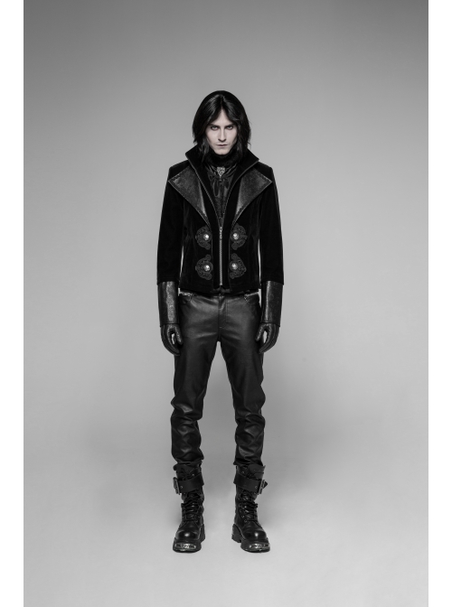 Stand-Up Collar Front Flower Buckle Decoration Black Punk Twill Weft Velveteen Jacket