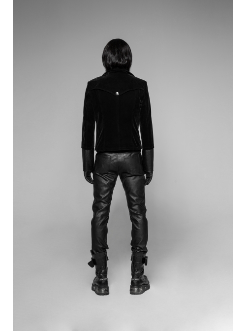 Stand-Up Collar Front Flower Buckle Decoration Black Punk Twill Weft Velveteen Jacket