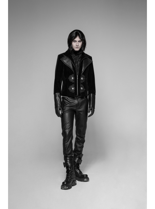 Stand-Up Collar Front Flower Buckle Decoration Black Punk Twill Weft Velveteen Jacket