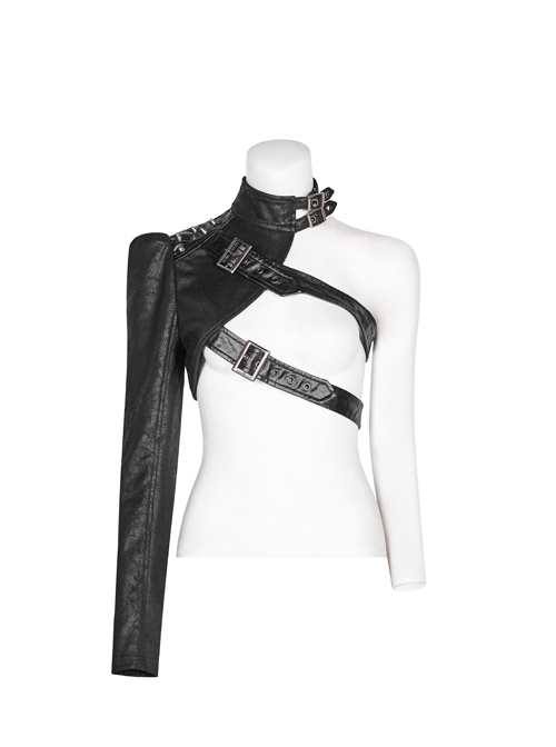 High Collar Metal Buckle Leather Strap Rivet One-Arm Black Punk Knitted Crack Accessory