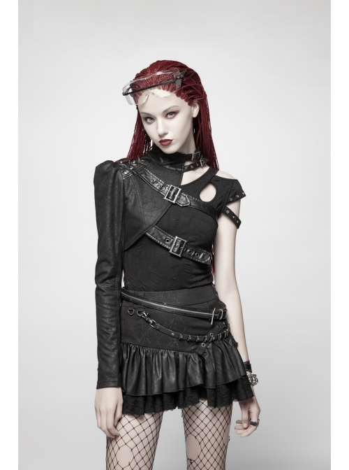 High Collar Metal Buckle Leather Strap Rivet One-Arm Black Punk Knitted Crack Accessory