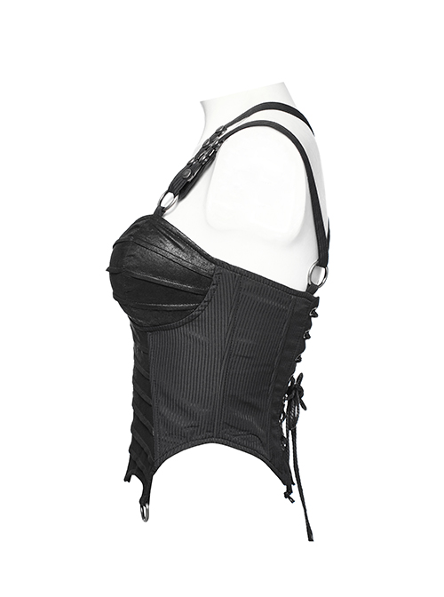 Cross Metal Ring Leather Strap Back Waist Lace-Up Black Punk Dark Stripes PU Short Corset