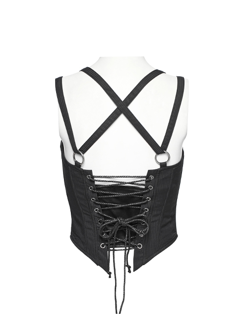 Cross Metal Ring Leather Strap Back Waist Lace-Up Black Punk Dark Stripes PU Short Corset