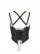 Cross Metal Ring Leather Strap Back Waist Lace-Up Black Punk Dark Stripes PU Short Corset