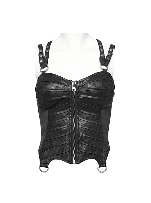 Cross Metal Ring Leather Strap Back Waist Lace-Up Black Punk Dark Stripes PU Short Corset