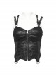 Cross Metal Ring Leather Strap Back Waist Lace-Up Black Punk Dark Stripes PU Short Corset